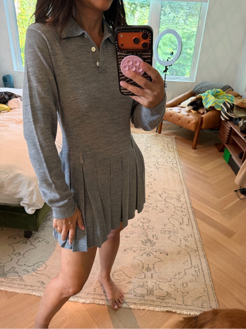 Sandy Liang Gray Pleated Knit Polo Dress